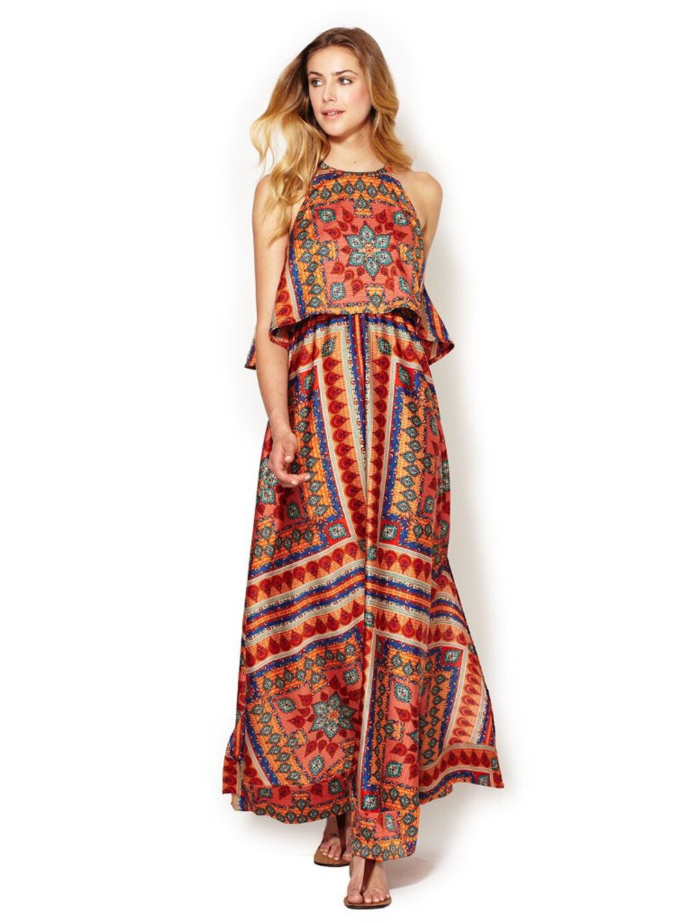 NWT Torn by Ronny Kobo CELINA Orange Ethnic Tribal Scarf Print Maxi Dress S $298
